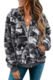 Women's Camo Stars Print Zipper Fleece Hooded Coat with Pockets