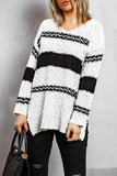 Women's Striped Colorblock V Neck Long Sleeve Oversized Knitted Pullover Sweater