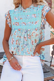 Floral Print Ruffled Crew Neck Sleeveless Top