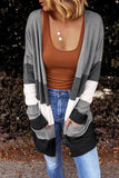 Women's Open Front Long Cardigan Colorblock Knit Sweater with Pockets