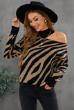 Women's Zebra Print Mock Neck Cold Shoulder Sweater