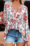 Split Neck Bubble Sleeve Floral Pacthwork Blouse