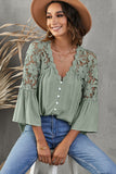 Bell Sleeve Crochet Lace Button V Neck Top