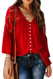 Bell Sleeve Crochet Lace Button V Neck Top