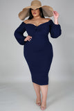 Women's Long Sleeve V Neck Midi Dress Front Knot Plus Size Bodycon Dresses