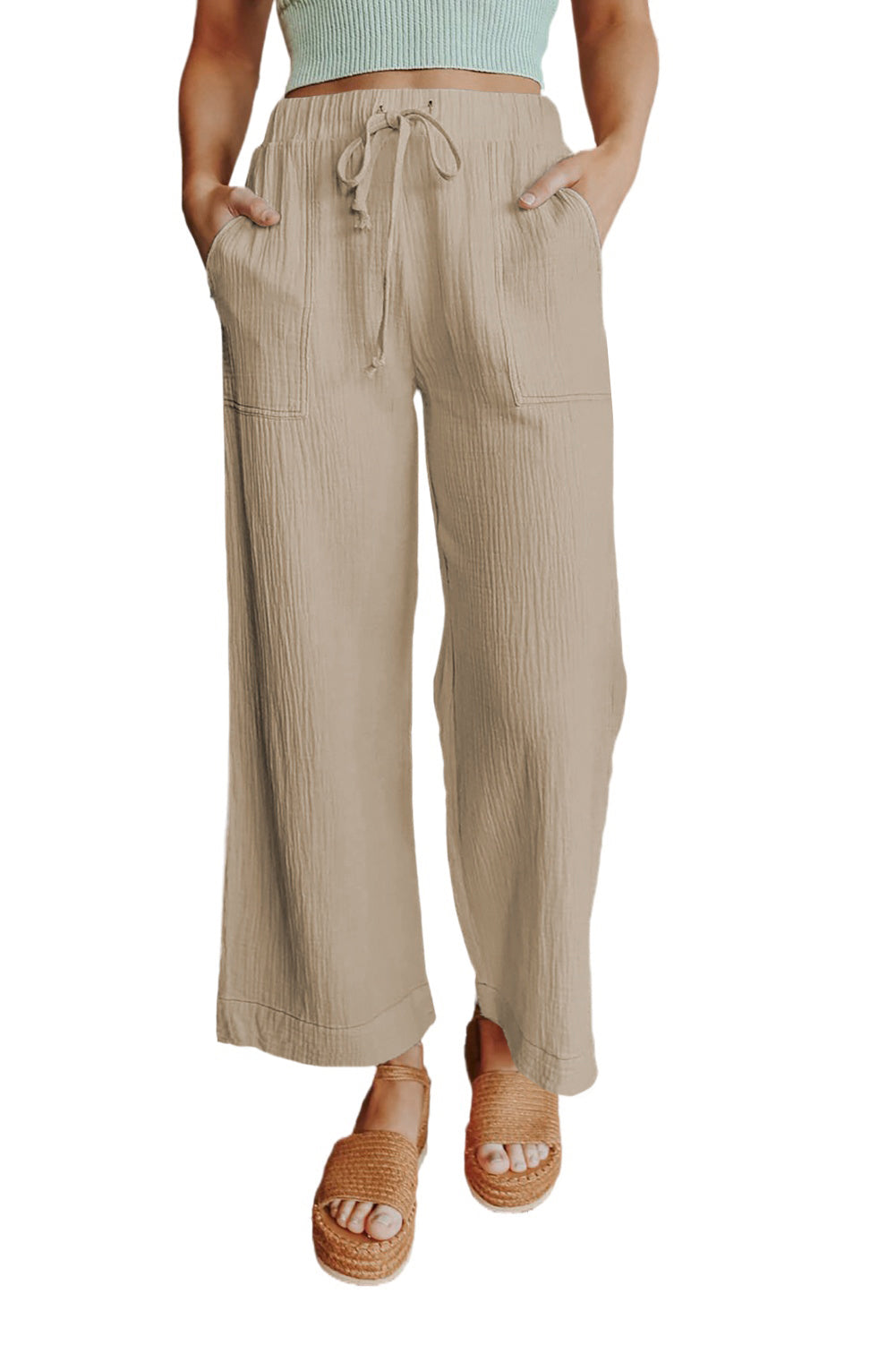 Solid Drawstring Crinkled Wide Leg Pants With Pocket