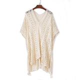 Women's Crochet Cover Up Half Sleeves Lace Knitted Tassel Tie Kimono Beachwear