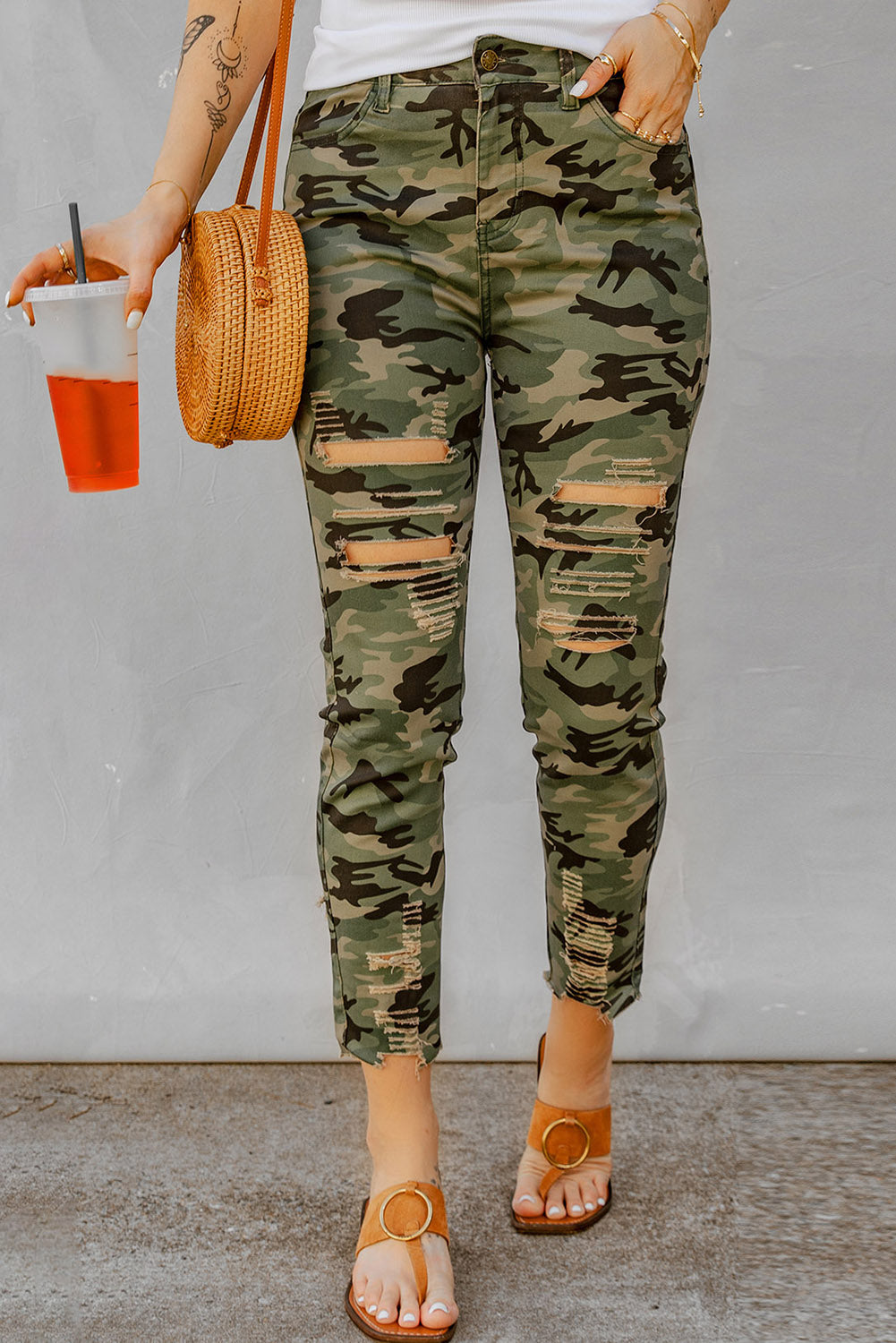 Camouflage Hollow out Skinny Jeans with Pocket