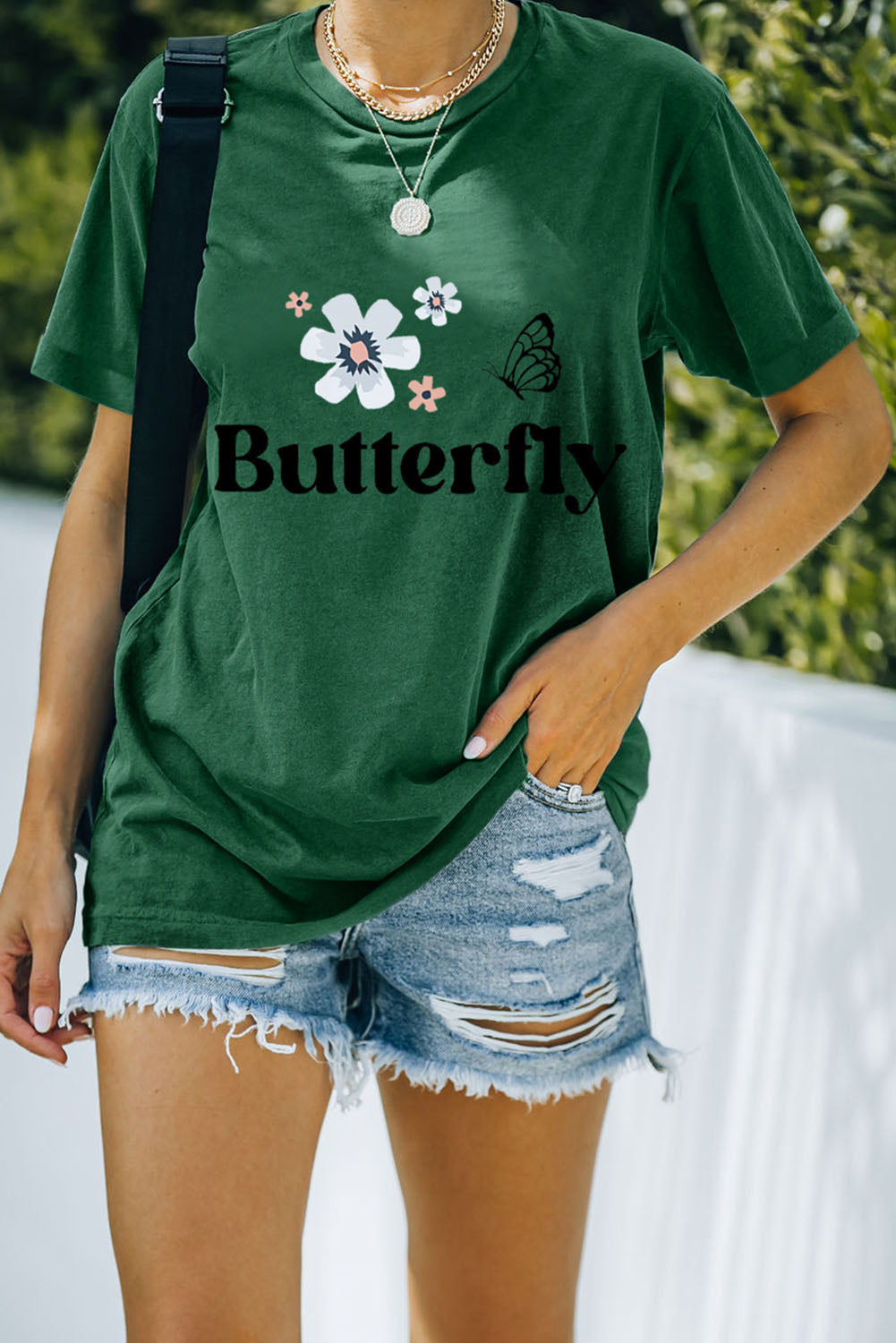 Butterfly Letter Graphic Printed Crew Neck T Shirt
