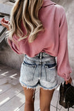 Solid Color Button Crinkled V Neck Shirt