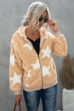 Women's Camo Stars Print Zipper Fleece Hooded Coat with Pockets