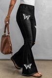 Butterfly Print Distressed Elastic High Waist Flare Jeans