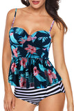 2pcs maillot de bain tankini rose à volants imprimé feuille verte