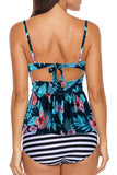 2pcs maillot de bain tankini rose à volants imprimé feuille verte