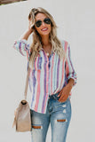 Striped Long Sleeve Top Button Down Shirt For Women