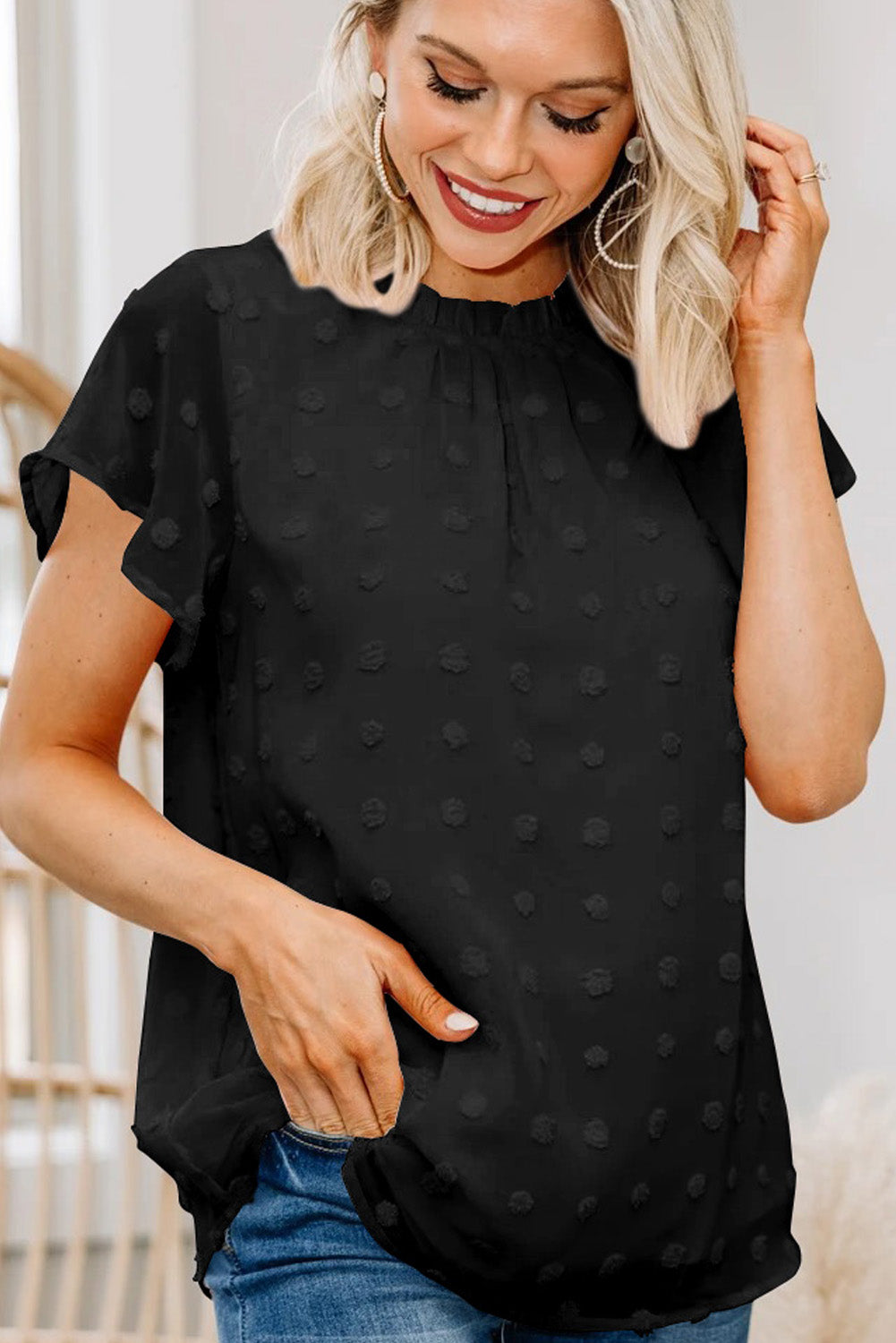Womens Ruffled Sleeve Swiss Dot T-shirts