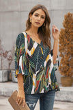 Womens V Neck Print Bell Sleeve Blouse
