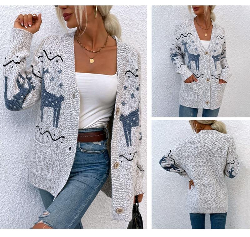 Women's Holiday Sweater Button Down Reindeer Cardigan